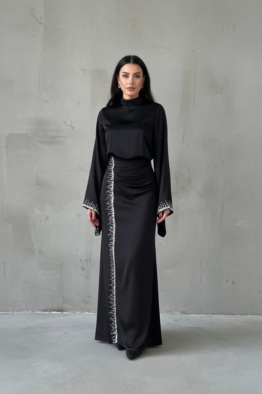 The black Flowing Sleeve Sparkly Embroidered Satin
