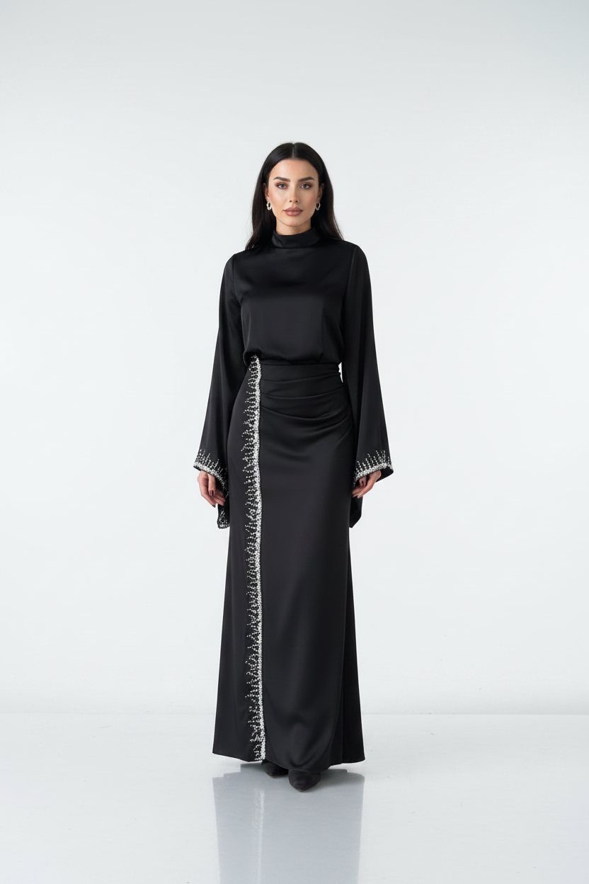 Black Sparkle Embroidered Satin Dress with Flowing Sleeves
