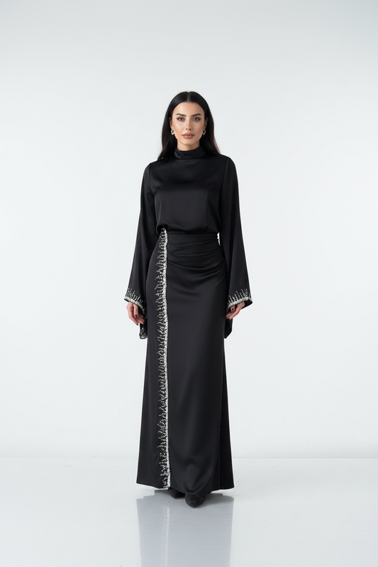 The black Flowing Sleeve Sparkly Embroidered Satin