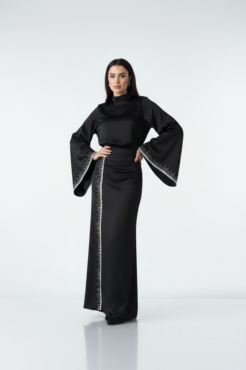 Black Sparkle Embroidered Satin Dress with Flowing Sleeves