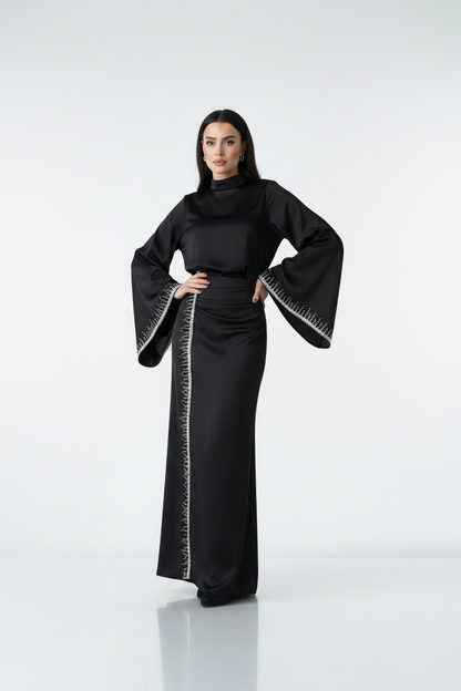Black Sparkle Embroidered Satin Dress with Flowing Sleeves