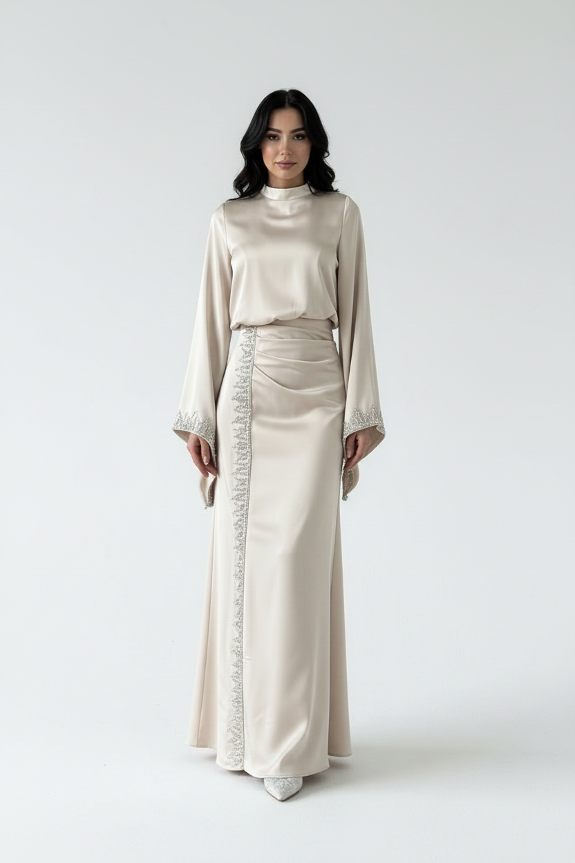 Grace Sparkle Embroidered Satin Dress with Flowing Sleeves