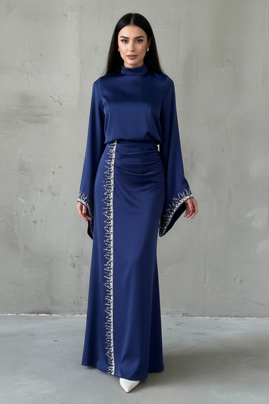 The blue Flowing Sleeve Sparkly Embroidered Satin