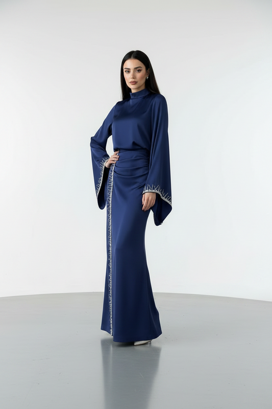 The blue Flowing Sleeve Sparkly Embroidered Satin