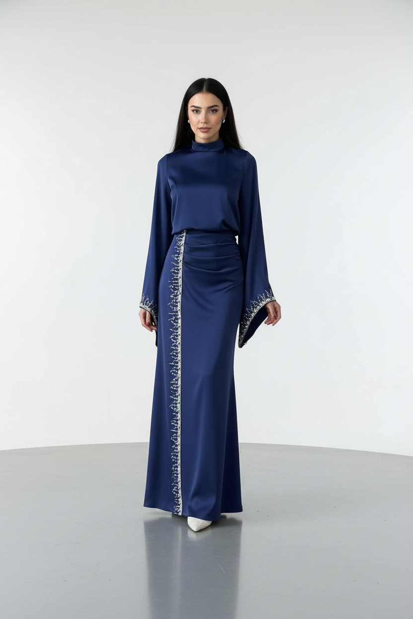 Blue Sparkle Embroidered Satin Dress with Flowing Sleeves