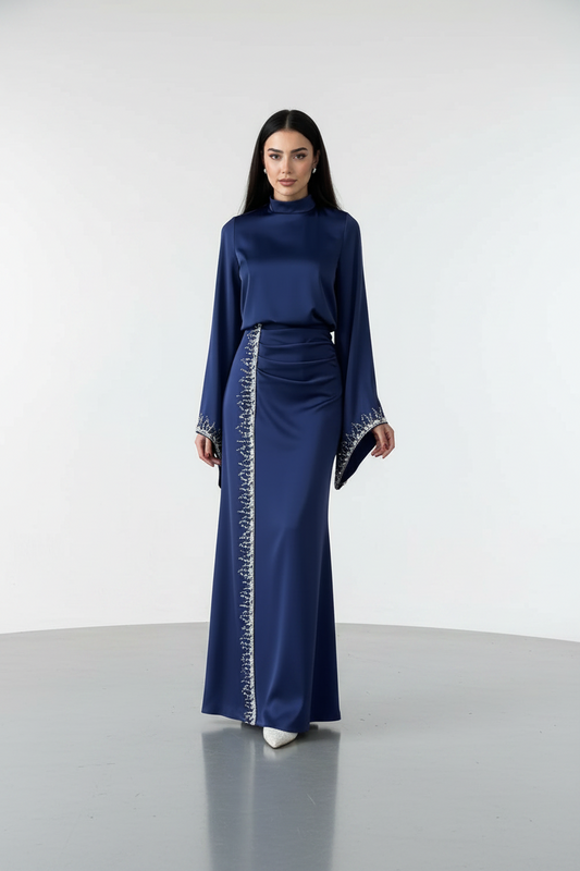 The blue Flowing Sleeve Sparkly Embroidered Satin