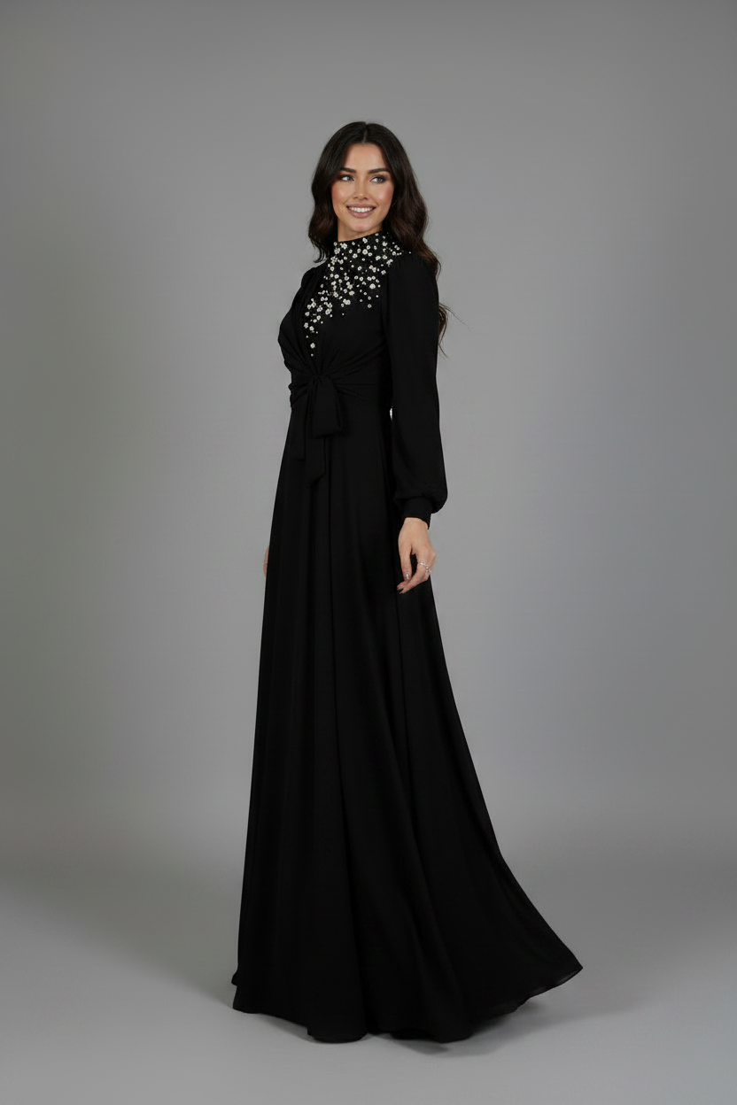 Black Stone Embroidered Chiffon Gown with Tie Details