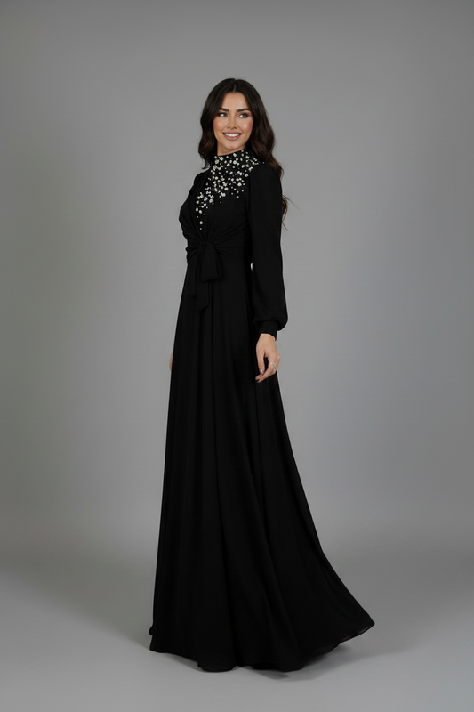 Tie Detailed Stone Embroidered Long Gown Black