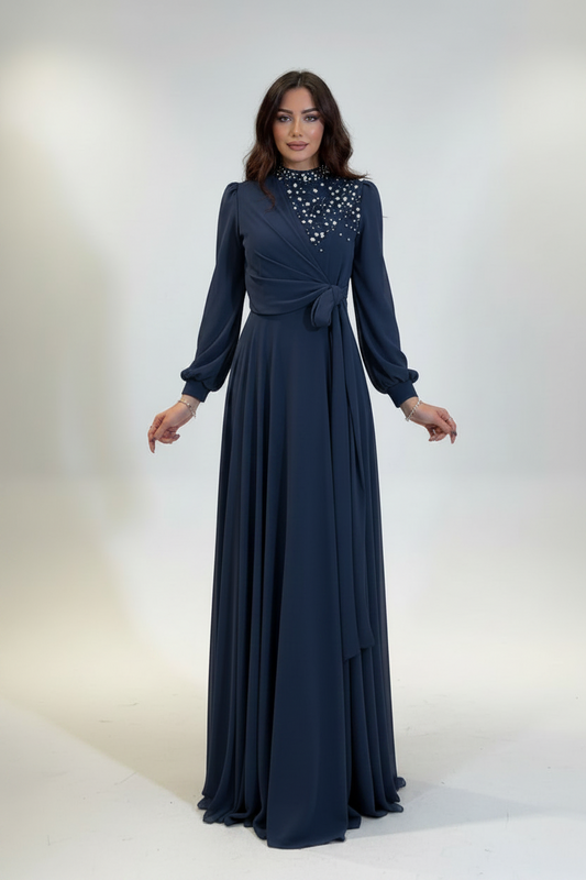 Tie Detailed Stone Embroidered Long Gown blue