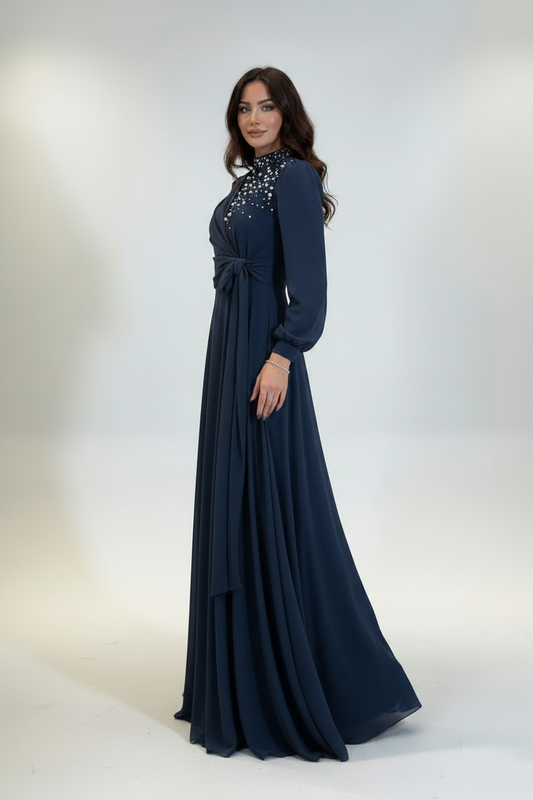 Tie Detailed Stone Embroidered Long Gown blue