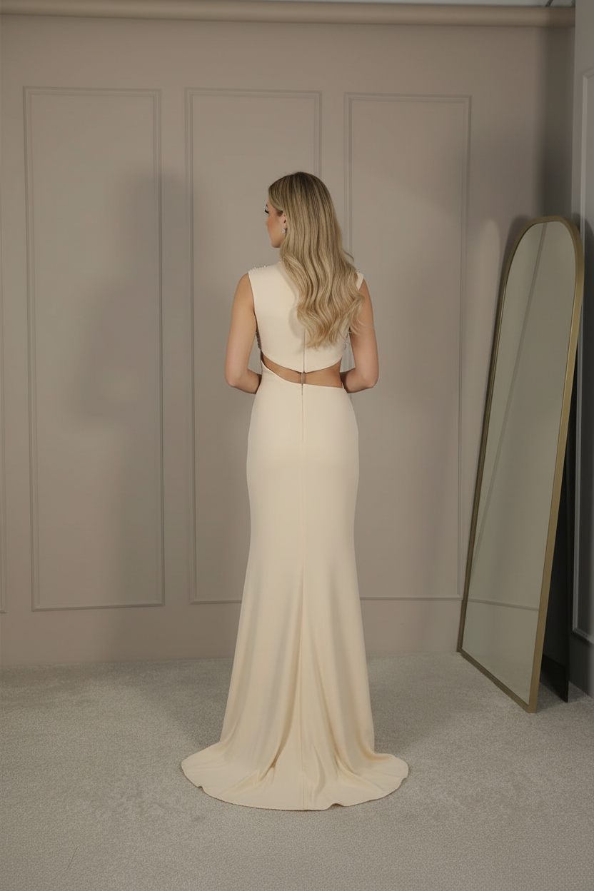 Serephina Beige Draped Evening Gown