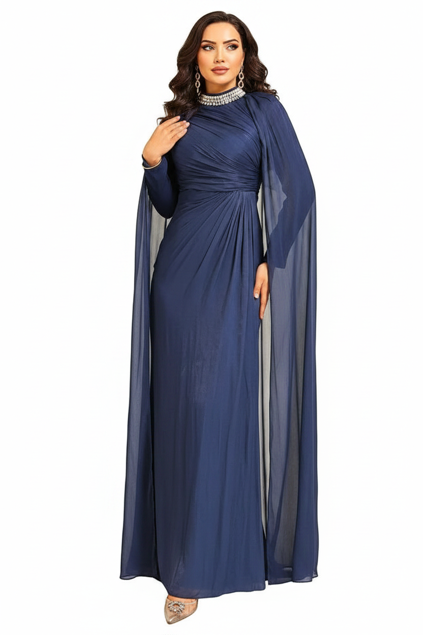 Blue Yoryo Silk Cloak Evening Dress with Stone Collar