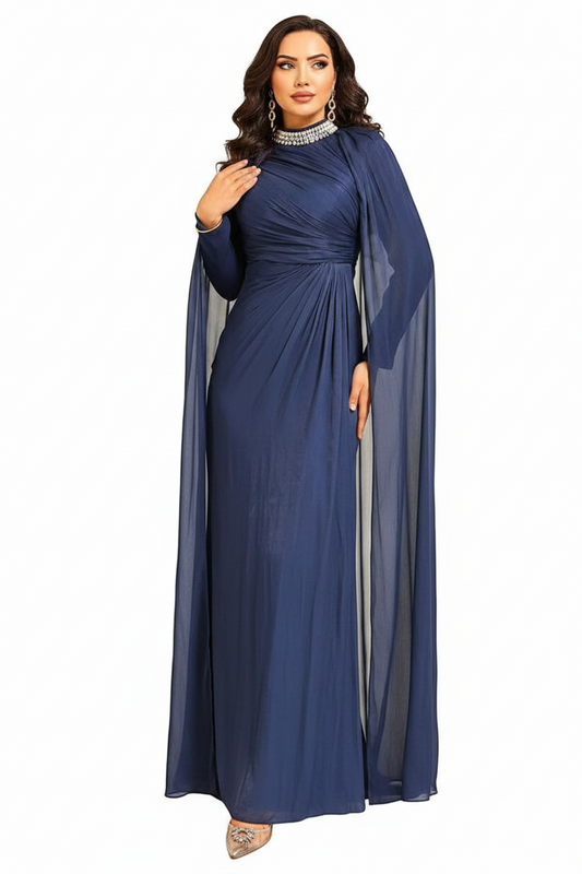 Blue Collar Stone Cloak Detailed Yoryo Silk Evening Dress