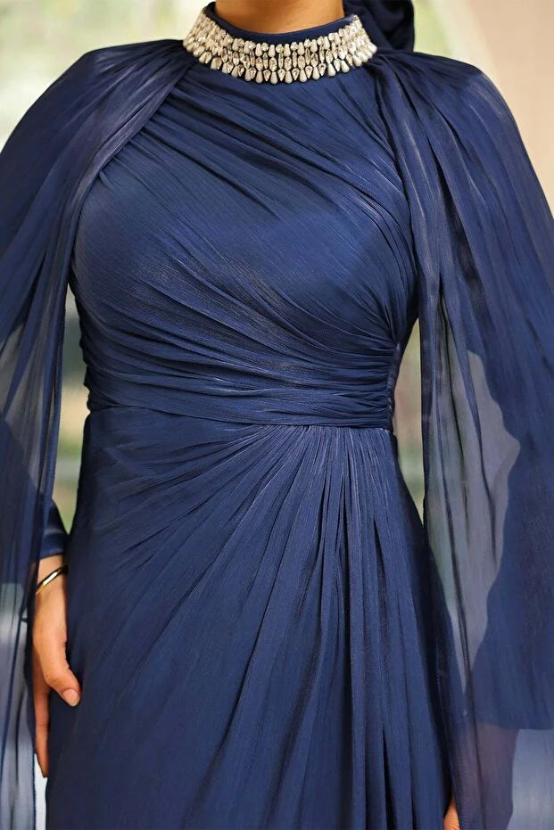 Blue Yoryo Silk Cloak Evening Dress with Stone Collar