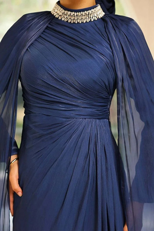 Blue Collar Stone Cloak Detailed Yoryo Silk Evening Dress