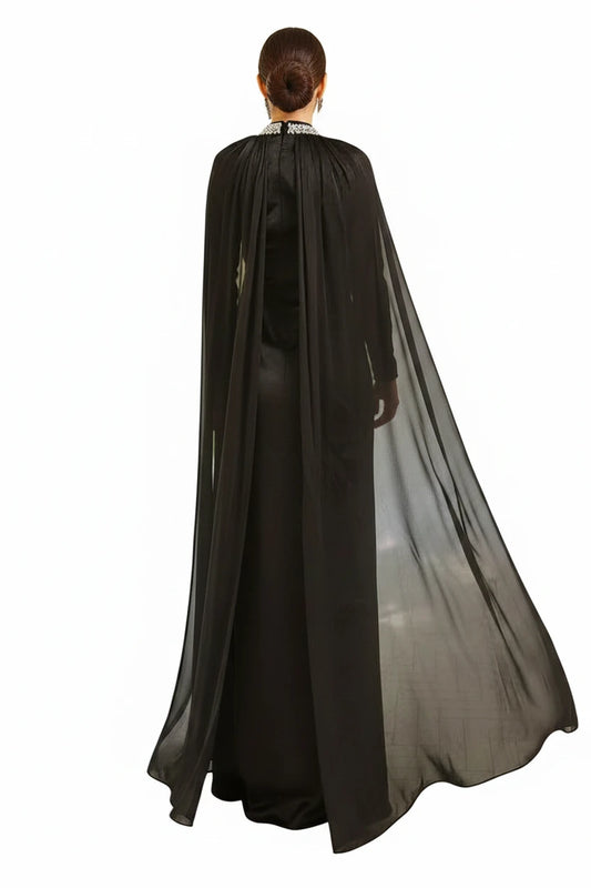 Black Collar Stone Cloak Detailed Yoryo Silk Evening Dress