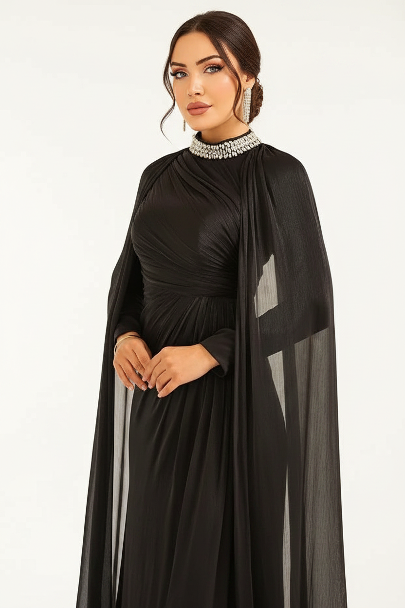 Black Yoryo Silk Cloak Evening Dress with Stone Collar