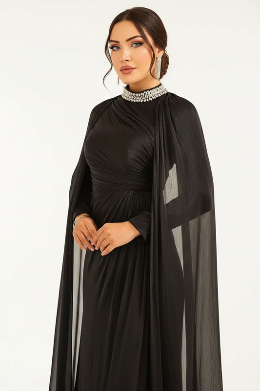 Black Collar Stone Cloak Detailed Yoryo Silk Evening Dress