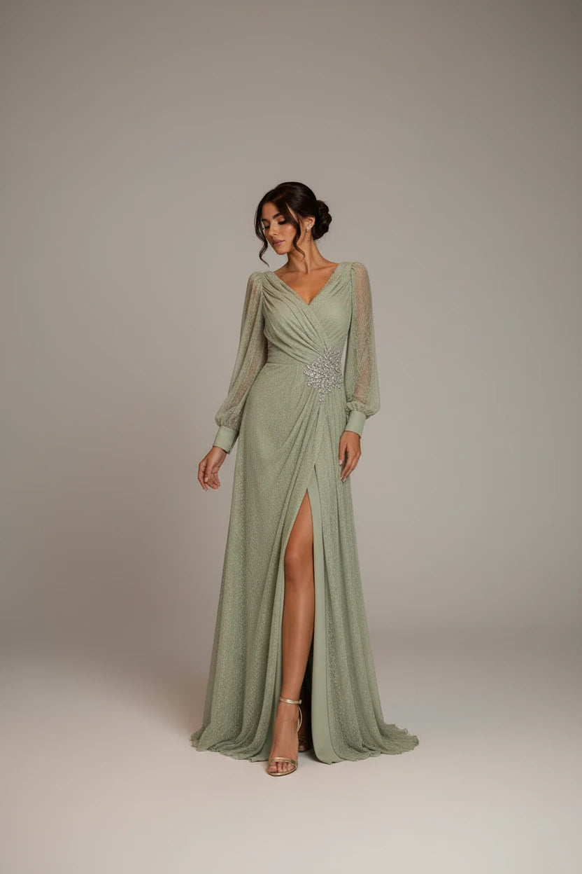 Celestine Pistachio Lace Gown with Pleated Skirt