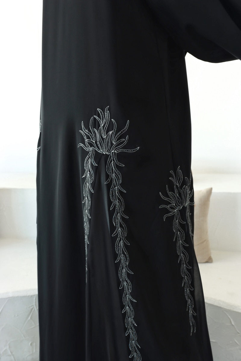 Lyali Black Nida Abaya with Silver Embroidery