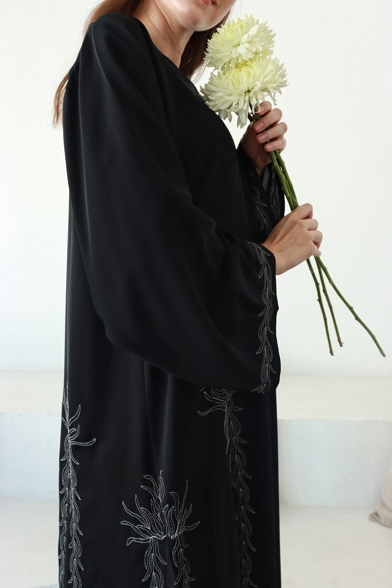 Lyali Black Nida Abaya with Silver Embroidery