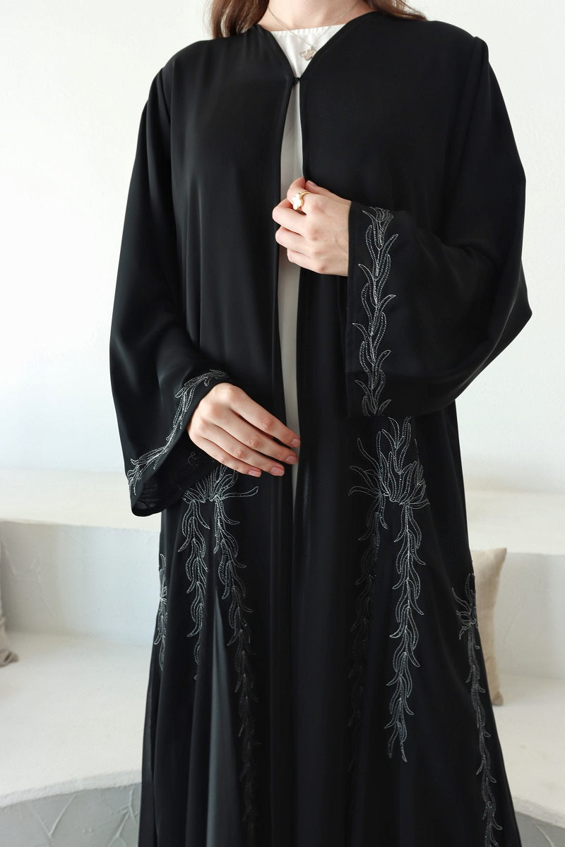 Lyali Black Nida Abaya with Silver Embroidery