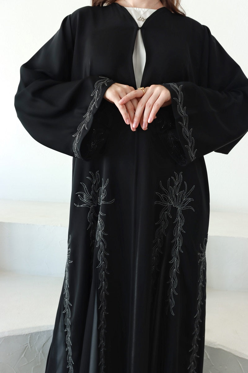 Lyali Black Nida Abaya with Silver Embroidery