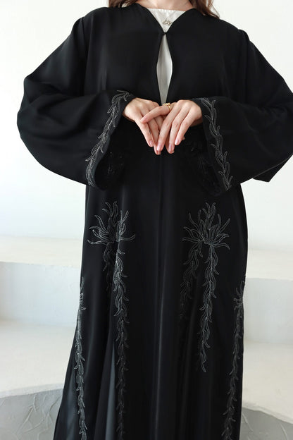 Lyali Black Nida Abaya with Silver Embroidery
