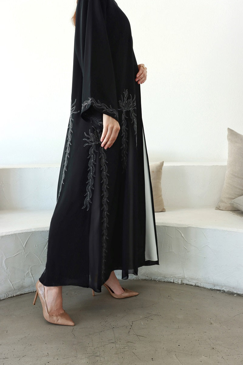 Lyali Black Nida Abaya with Silver Embroidery