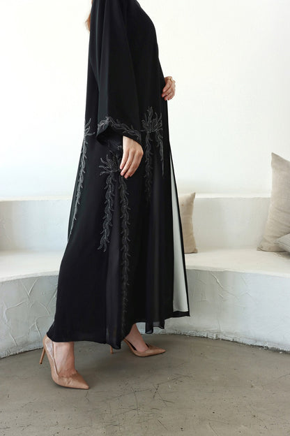 Lyali Black Nida Abaya with Silver Embroidery