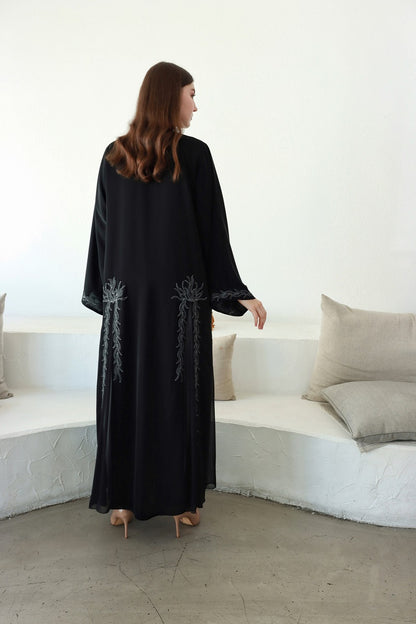 Lyali Black Nida Abaya with Silver Embroidery