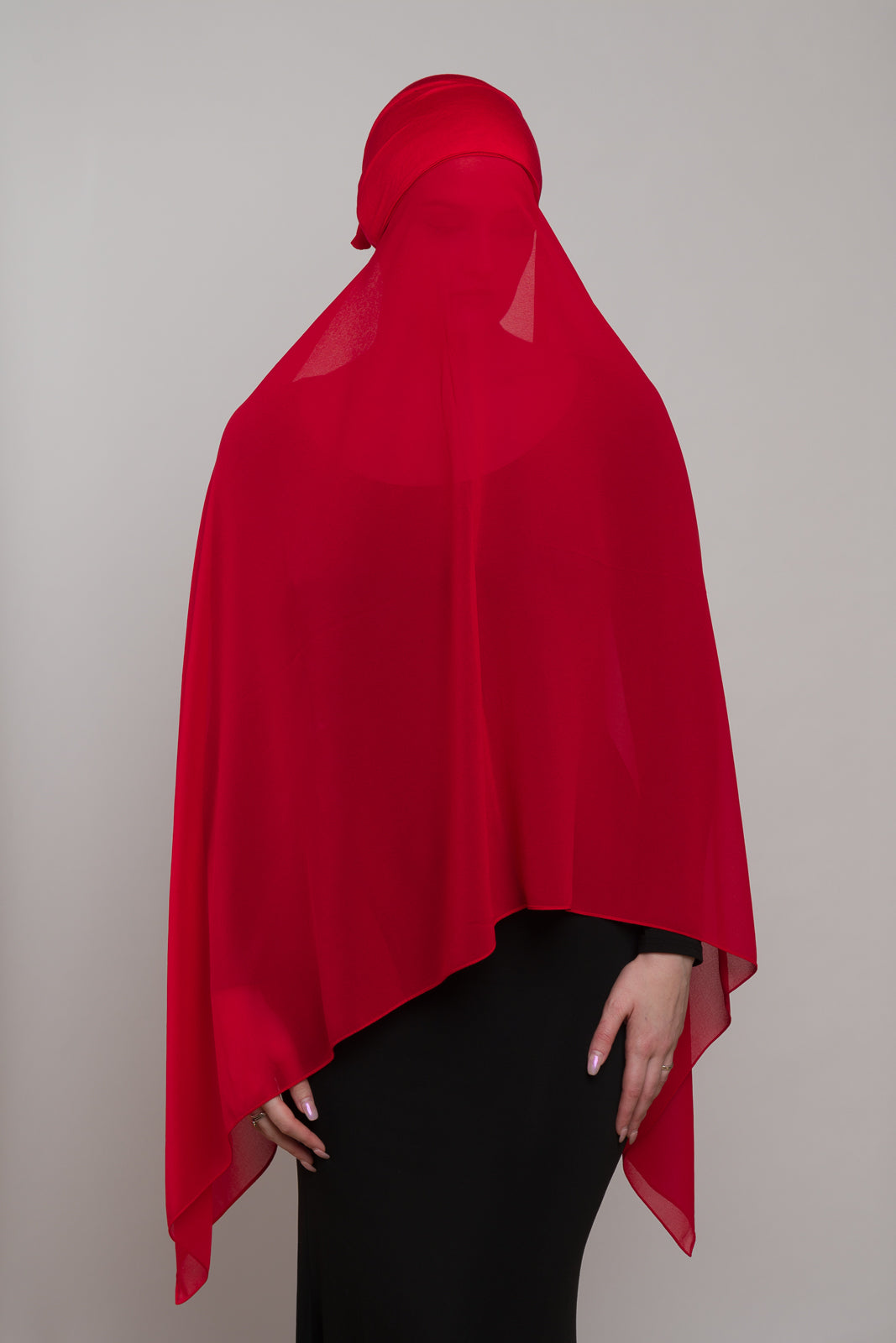 CADMIUM RED CHIFFON HIJAB W/ ATTACHED UNDERCAP