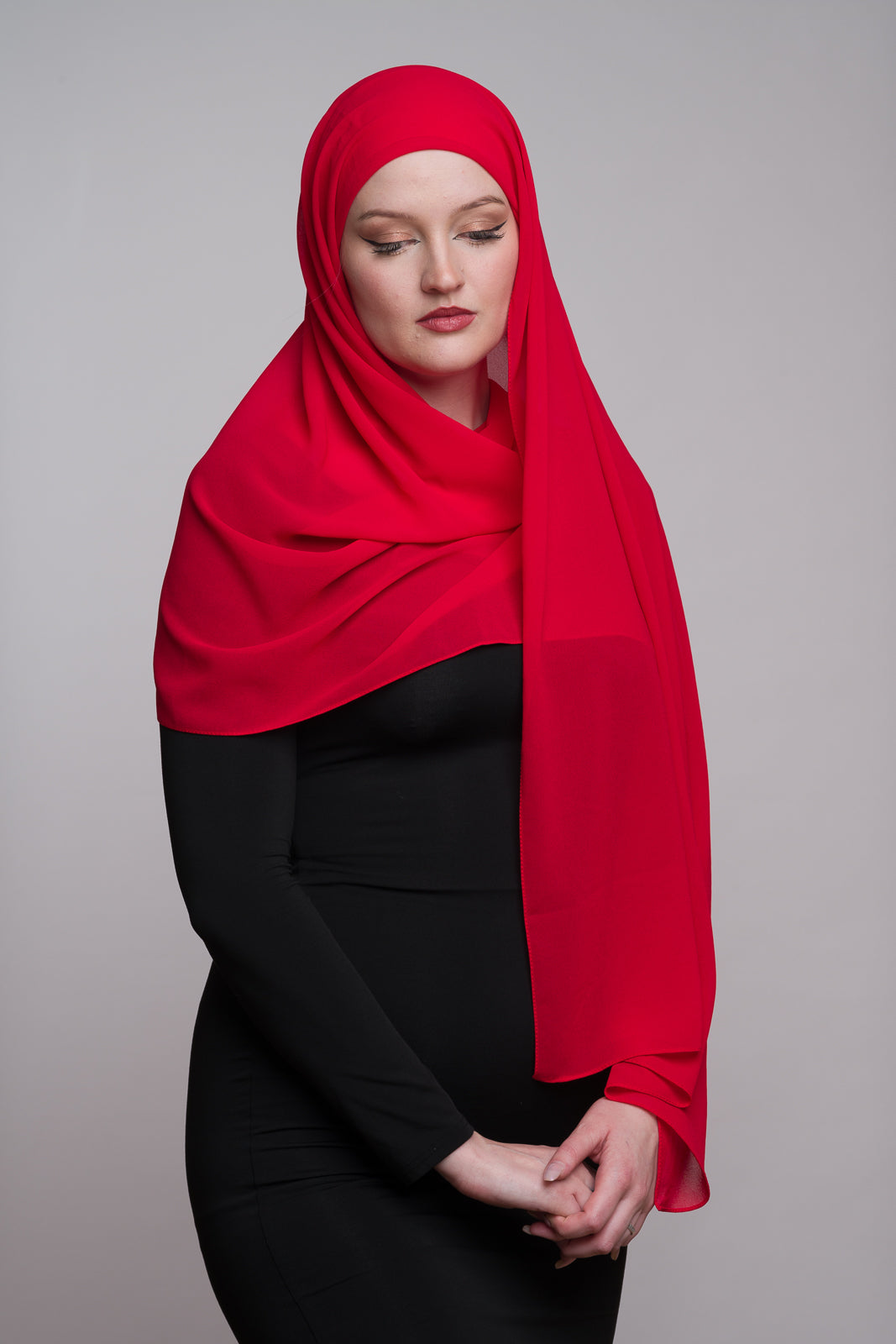 CADMIUM RED CHIFFON HIJAB W/ ATTACHED UNDERCAP