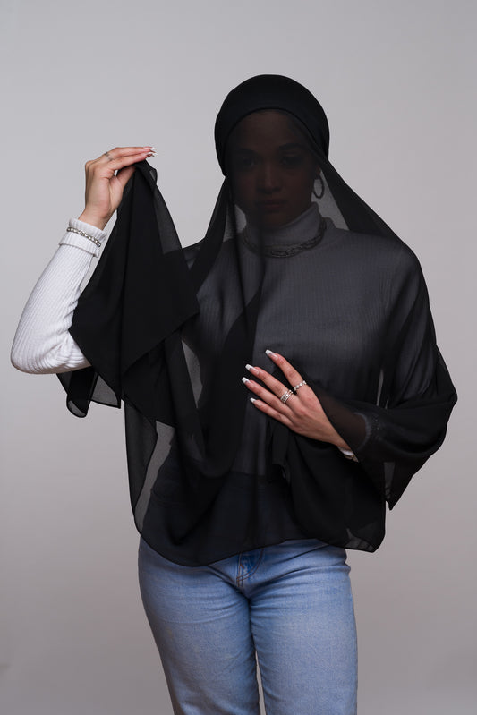 DARK JUNGLE BLACK CHIFFON HIJAB W/ ATTACHED UNDERCAP