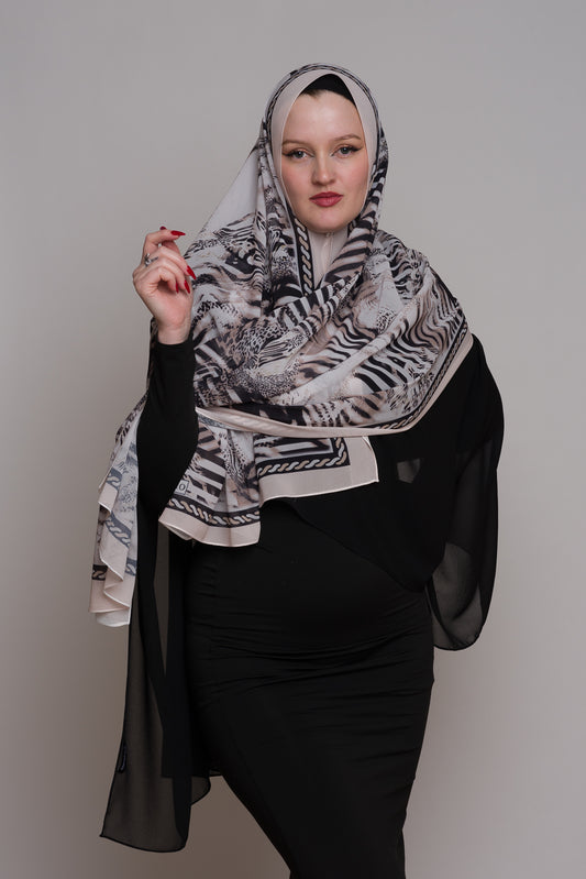 Taupe Grey Printed Chiffon Hijab