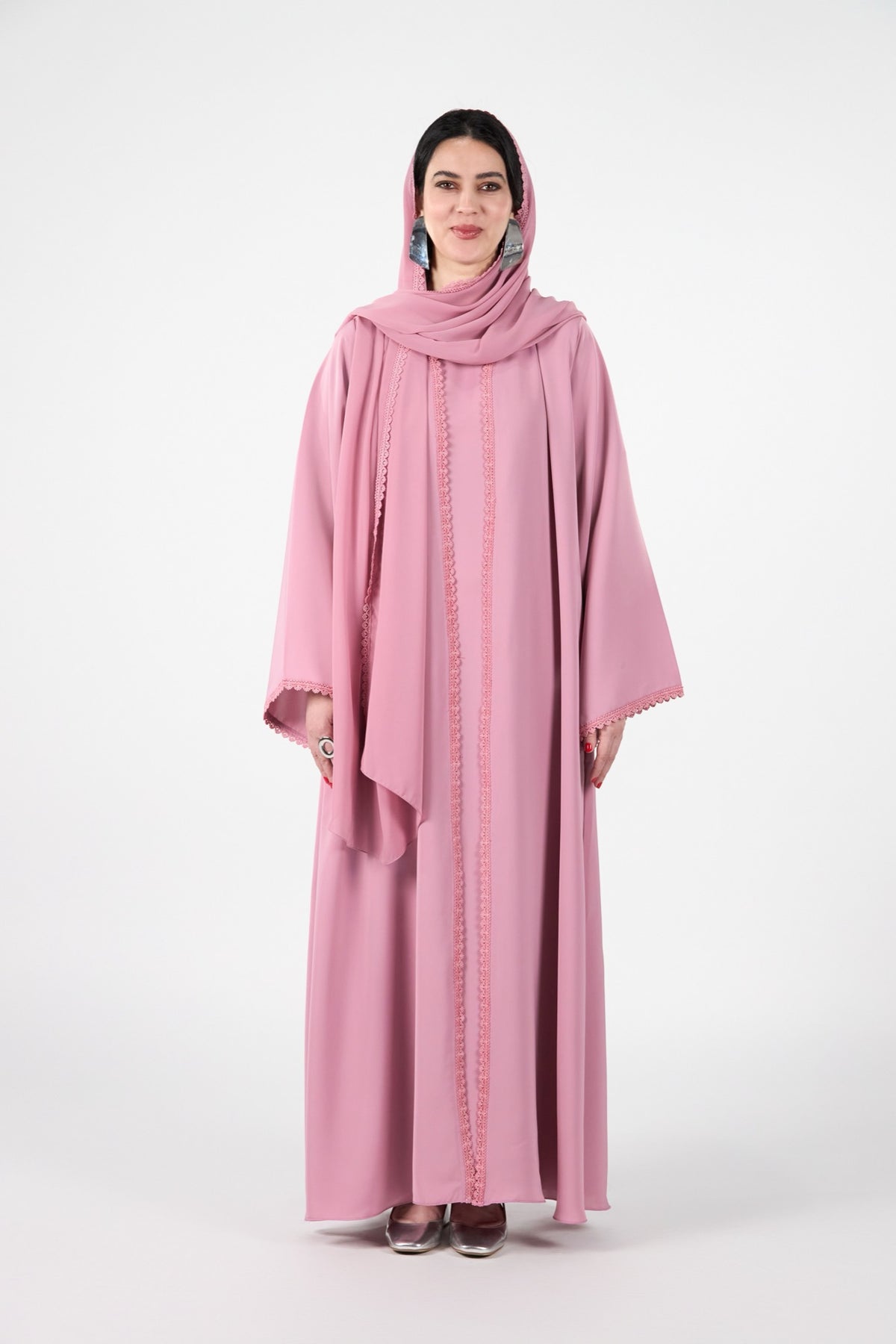 Celestial Veil Rose Aura Open Abaya with Inner Dress