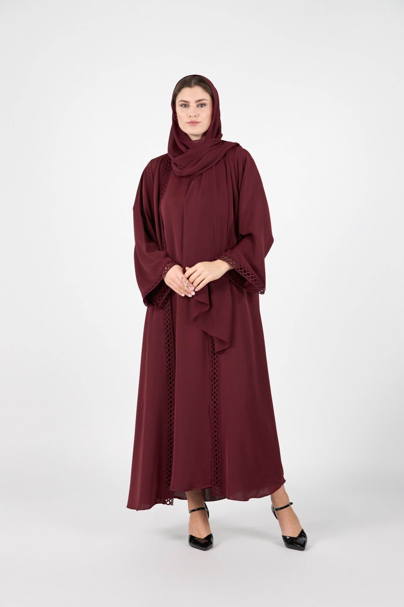 Menatique | Celestial Veil | Crimson Grace | Luxury Open Abaya