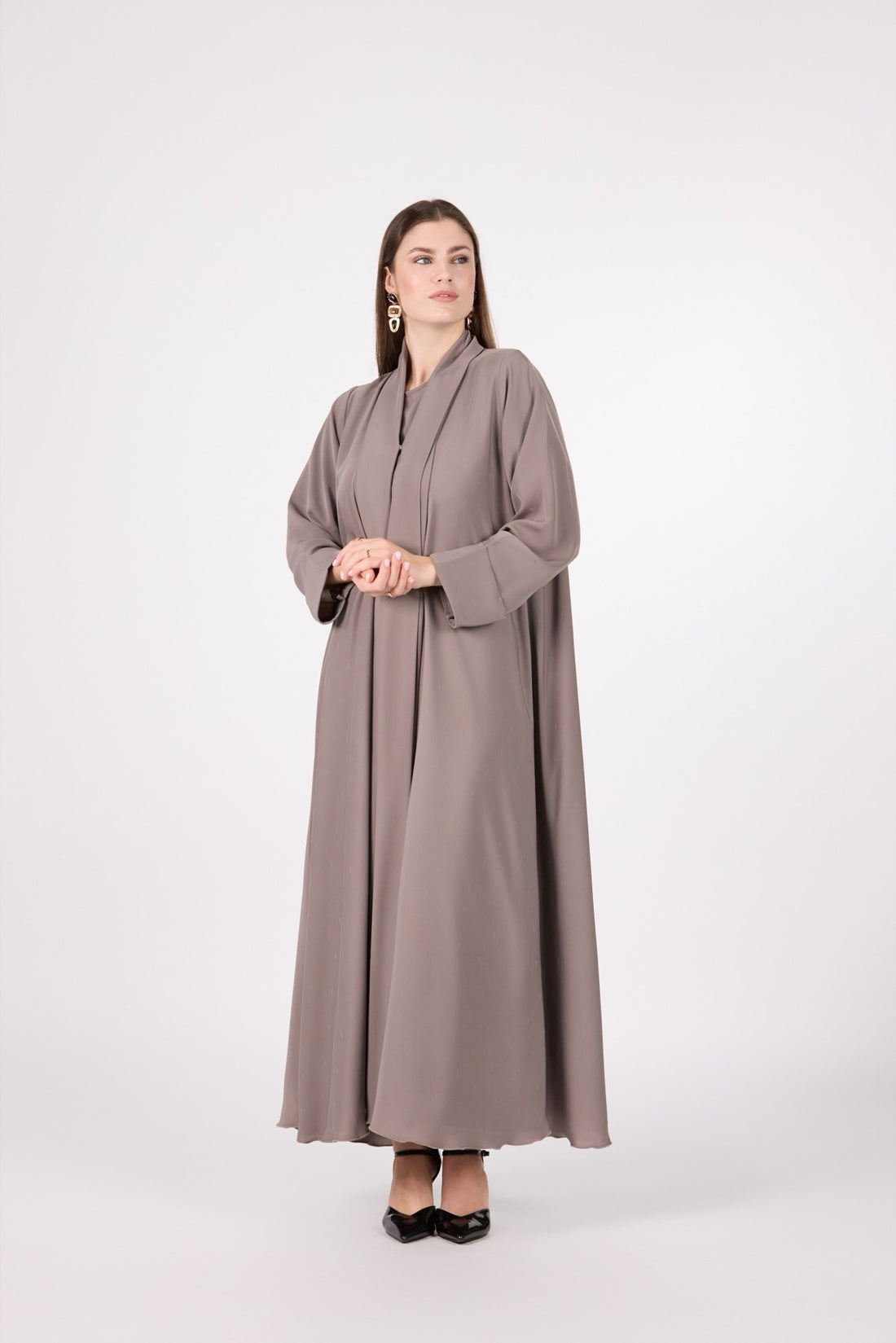 Celestial Veil Taupe Essence Silk 3-Piece Open Abaya