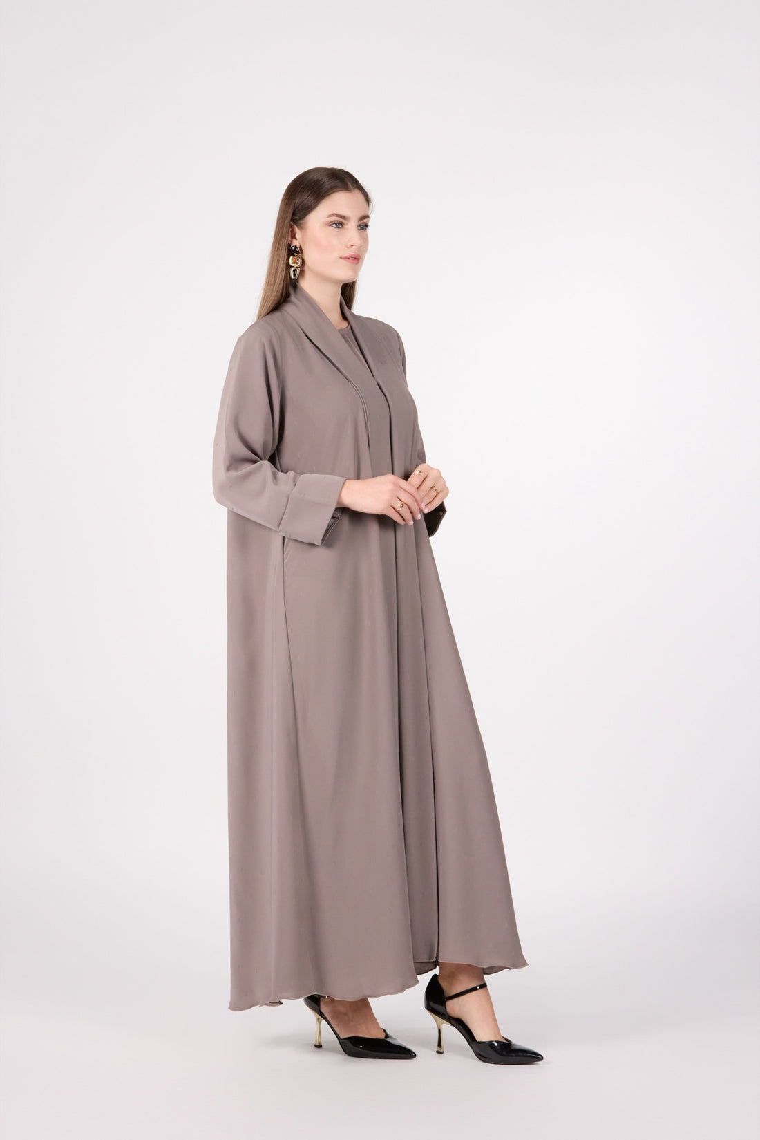 Celestial Veil Taupe Essence Silk 3-Piece Open Abaya