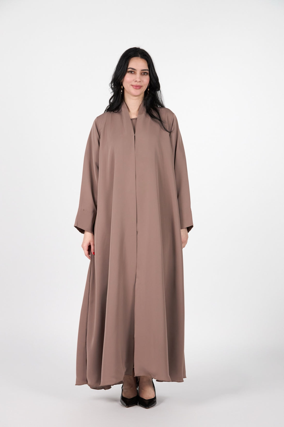 Mocha Brown Japanese Silk 3-Piece Open Abaya Set