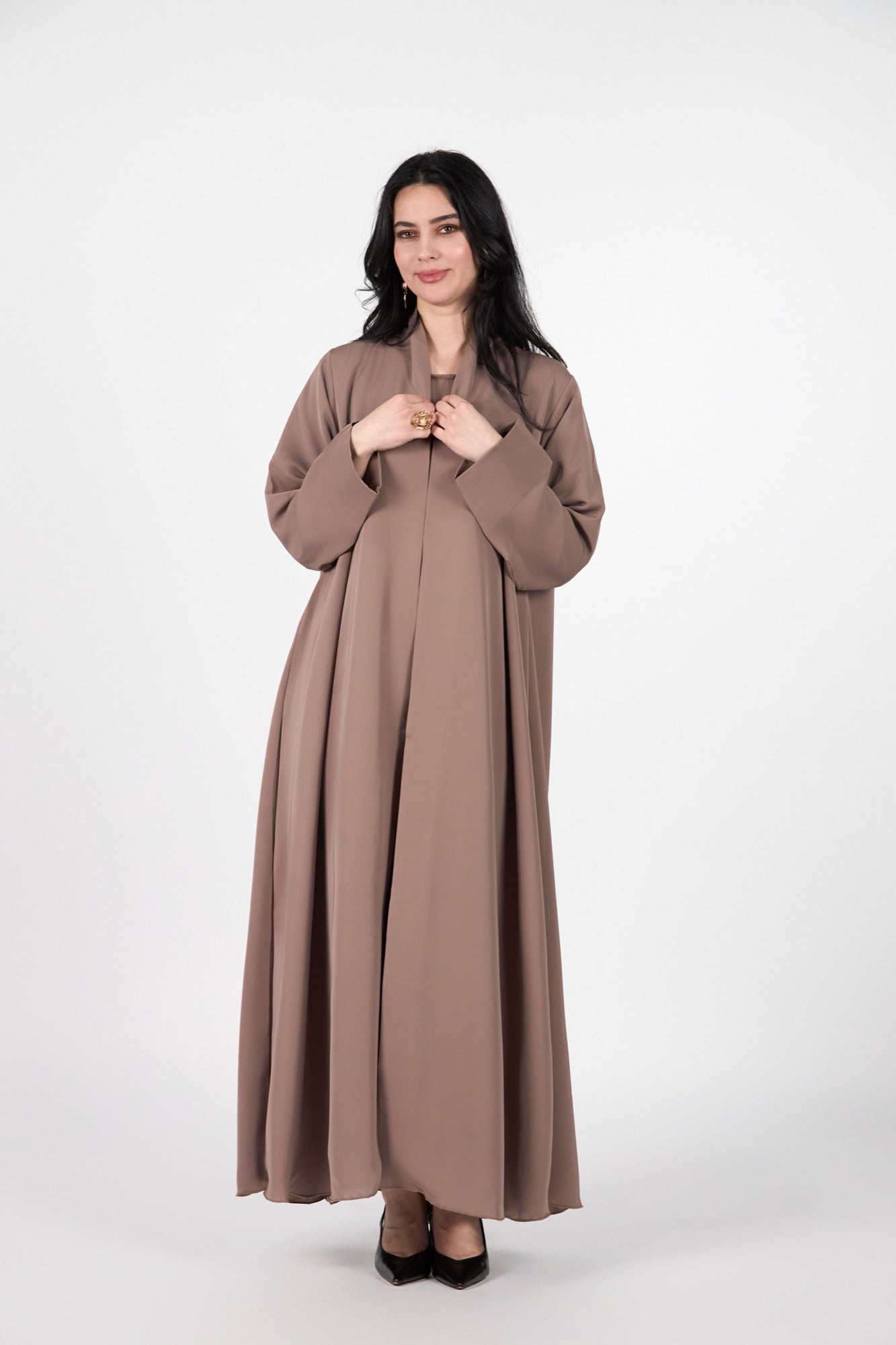 Brown 3Pieces Set Luxury Open Abaya Japanese Silk – Menatique