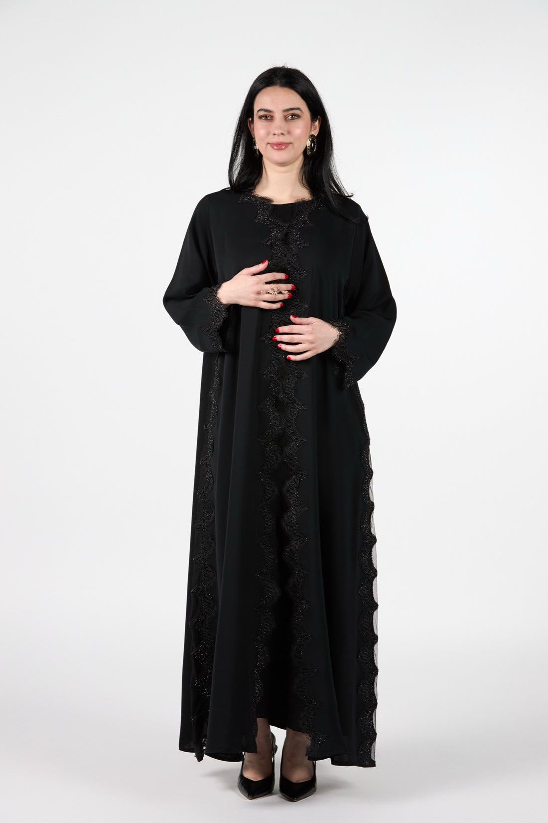 Juhaira Black Wave Lace Open Abaya