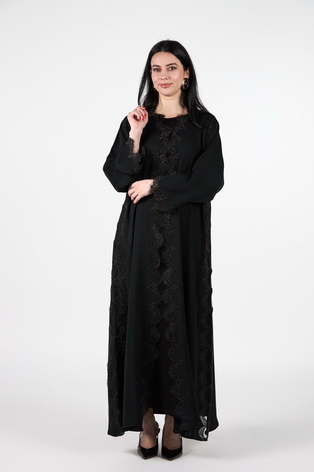 Juhaira Black Wave Lace Open Abaya