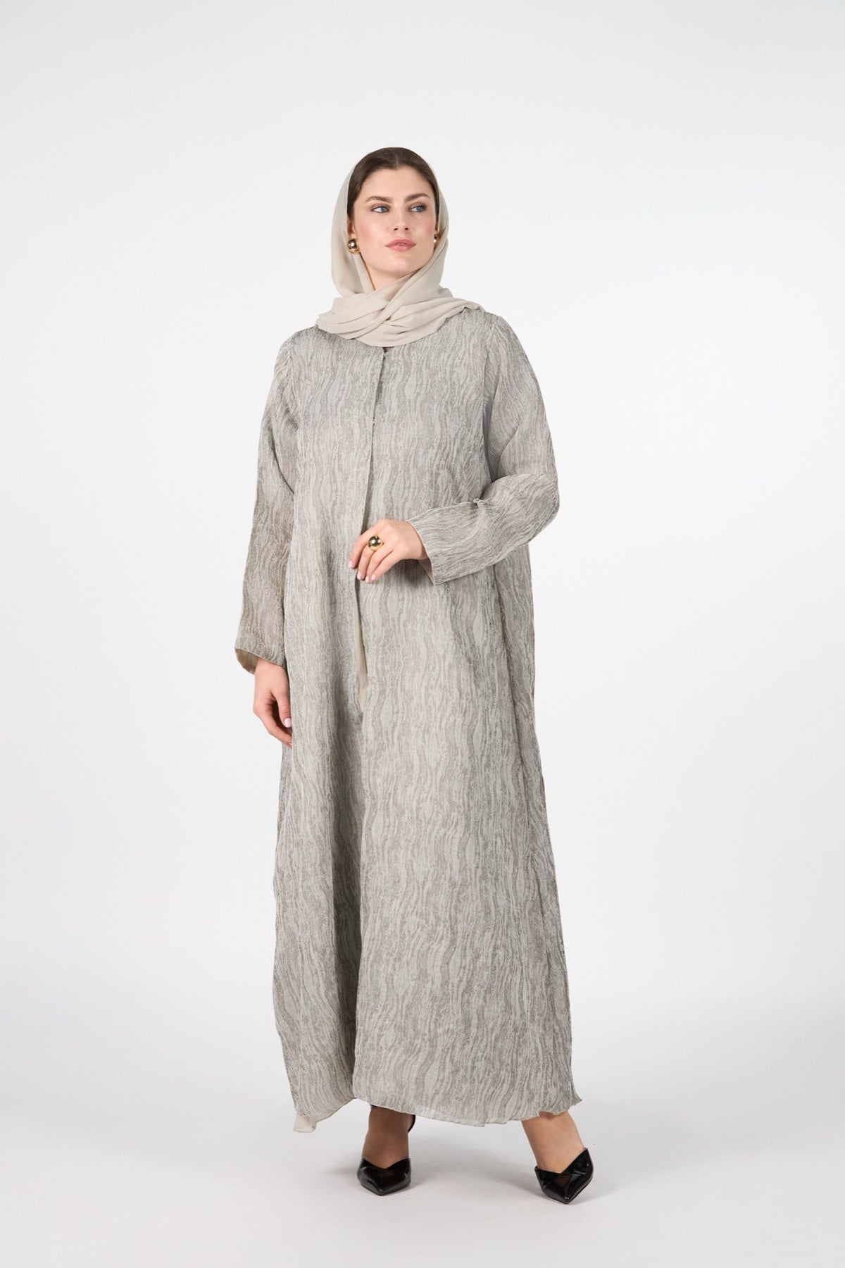 Pearl Essence Silver Sand Textured 3-Piece Abaya