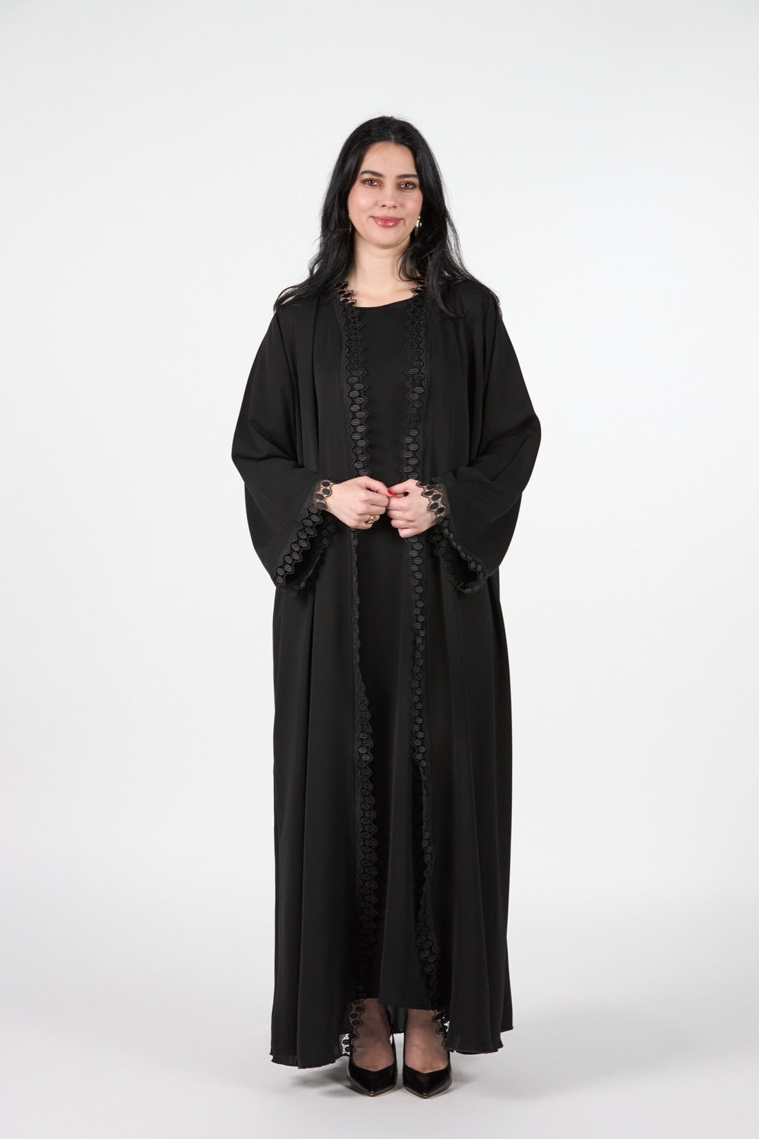 Celestial Veil Eclipse Essence Black Lace Trim 3-Piece Open Abaya