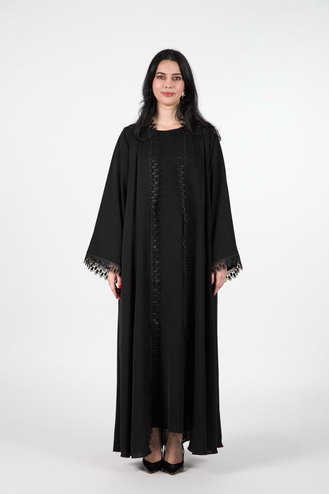Celestial Veil Eclipse Essence Black Lace Trim 3-Piece Open Abaya