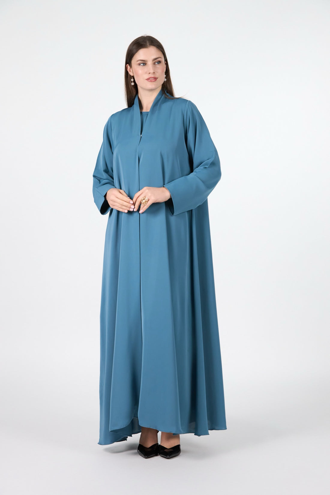 Celestial Veil Ocean Whisper Teal Layered Silk 3-Piece Abaya