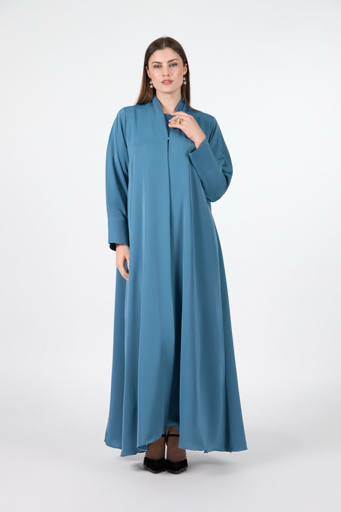 Celestial Veil Ocean Whisper Teal Layered Silk 3-Piece Abaya