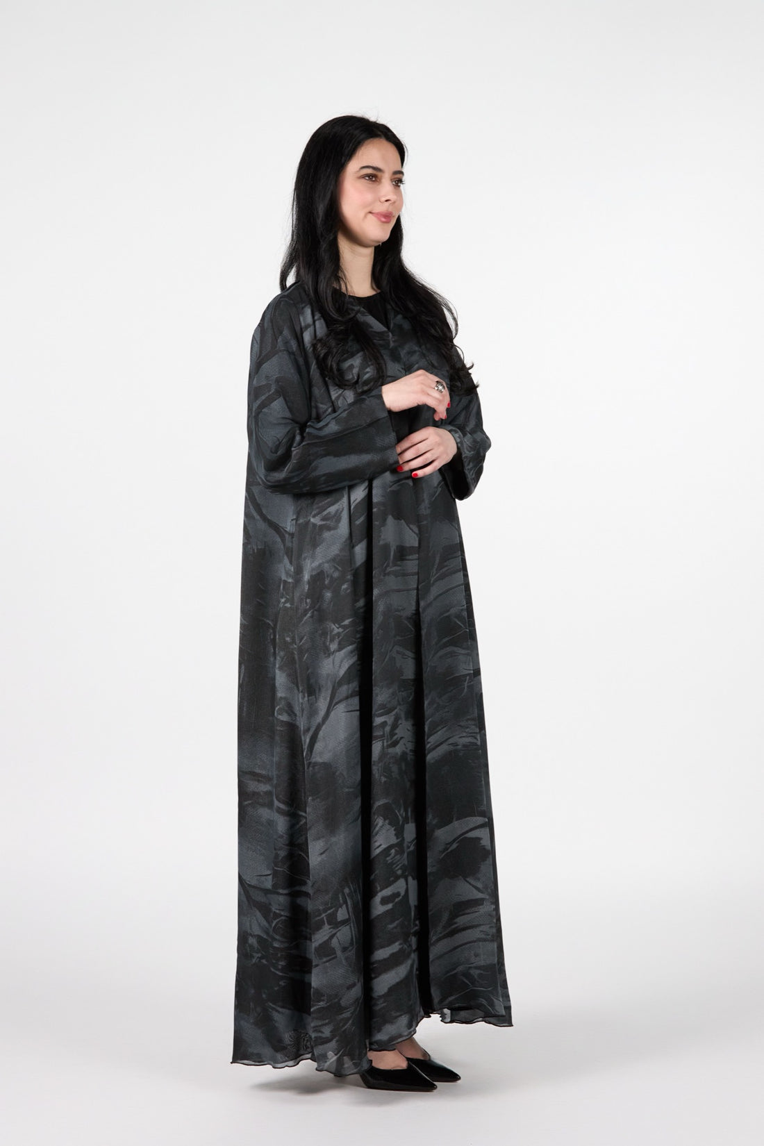 Noir Bloom Nebula Shadow Abstract Print 3-Piece Open Abaya