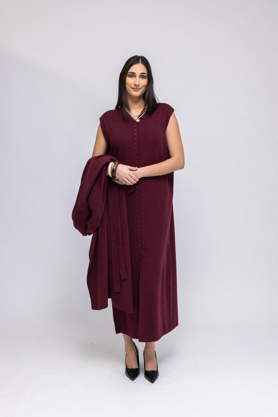 Button-Front Knit Maxi Dress &amp; Longline Cardigan 2-Piece Set